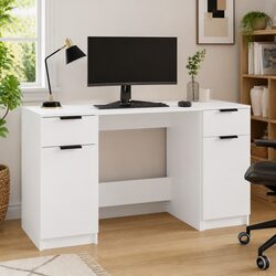 Office Desk with Side Cabinet Storage Compartments Writing Table White