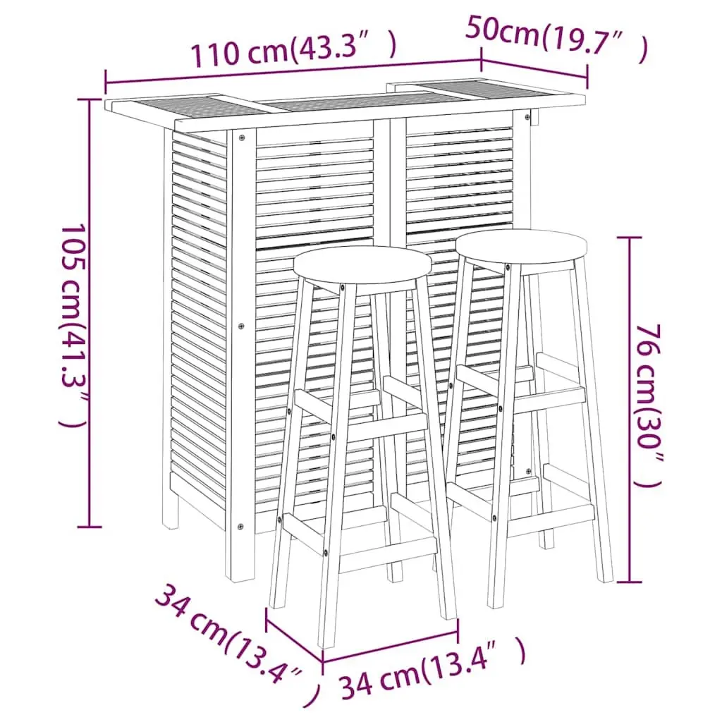 Garden Bar Set Solid Acacia Wood 3 Piece Outdoor Furniture Bistro Table Stools Brown