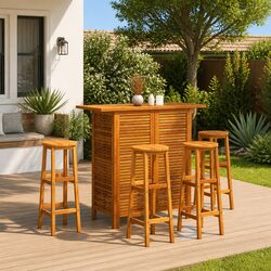 5 Piece Garden Bar Set Solid Wood Outdoor Patio Bistro Table Stools Brown