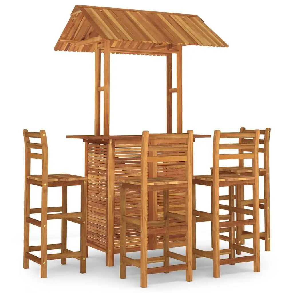 Garden Bar Set 5 Piece Bistro Table with Rooftop and 4 Bar Stools Solid Acacia Wood Brown Outdoor Furniture