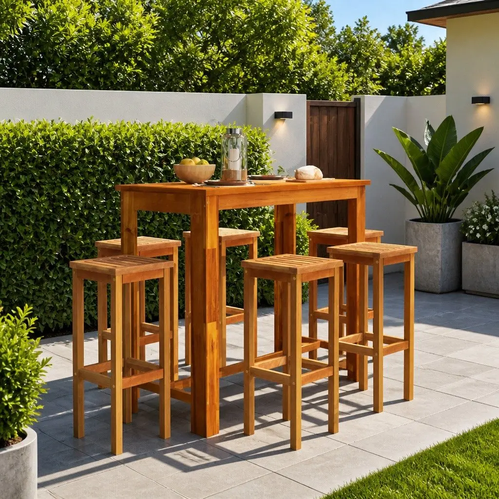 Garden Bar Set 7 Piece Solid Acacia Wood Bistro Table and Stools Brown Outdoor Furniture