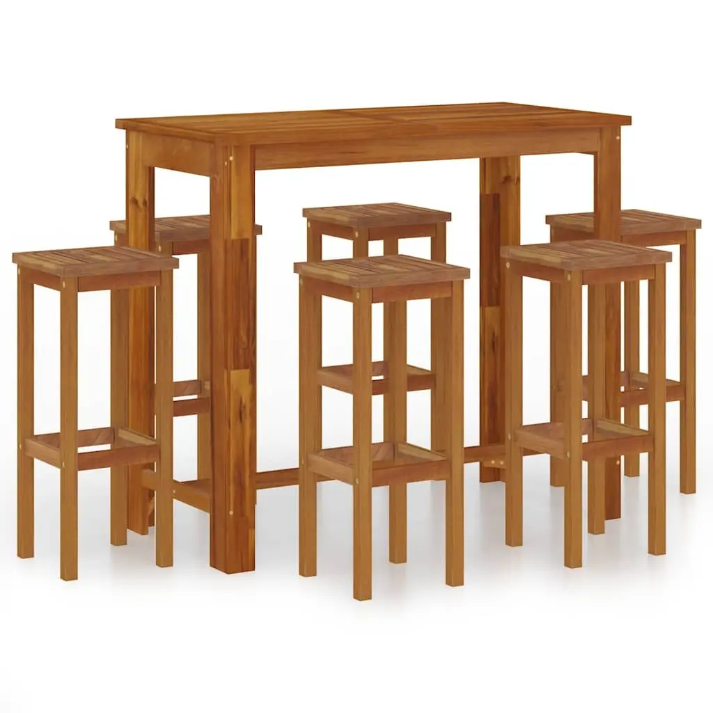 Garden Bar Set 7 Piece Solid Acacia Wood Bistro Table and Stools Brown Outdoor Furniture