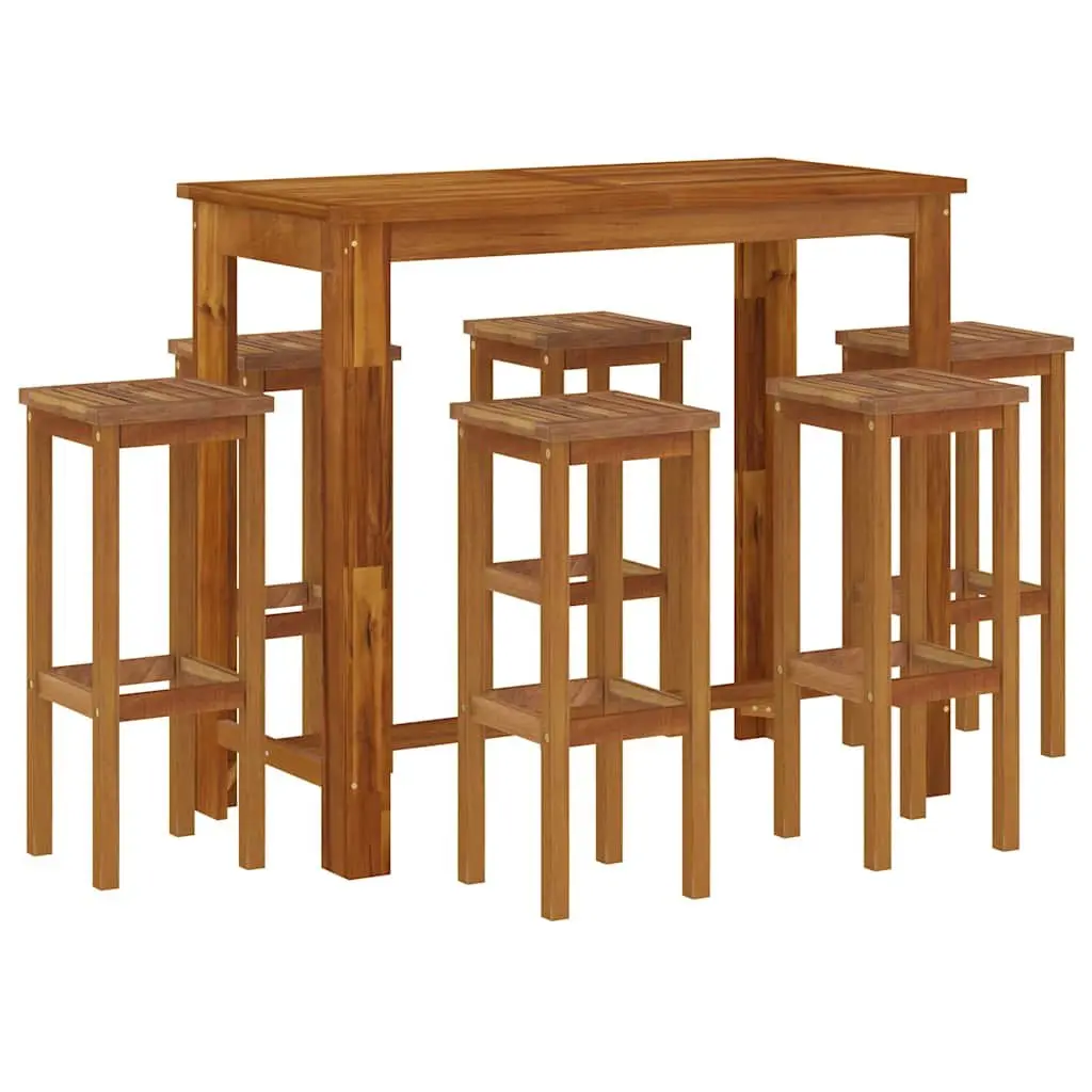 Garden Bar Set 7 Piece Solid Acacia Wood Bistro Table and Stools Brown Outdoor Furniture