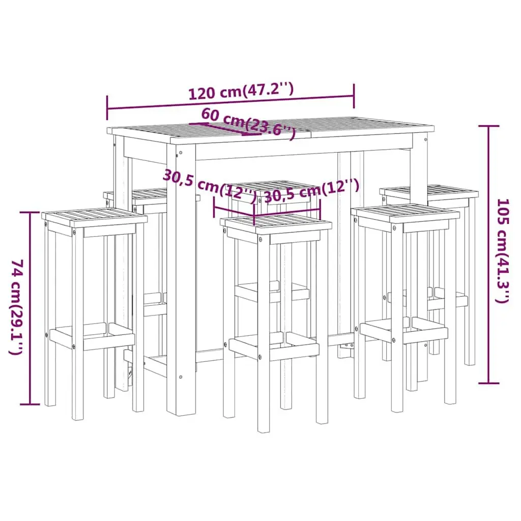 Garden Bar Set 7 Piece Solid Acacia Wood Bistro Table and Stools Brown Outdoor Furniture