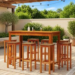 Garden Bar Set 9 Piece Outdoor Furniture Bistro Table Stools Brown