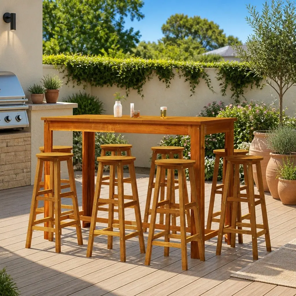 Garden Bar Set 9 Piece Solid Acacia Wood Bistro Table and Stools Outdoor Furniture Brown