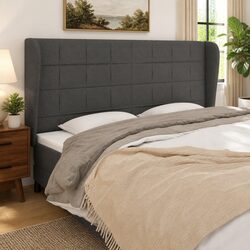 Dark Grey Fabric Headboard with Ears Wooden Legs Adjustable Height Bedroom