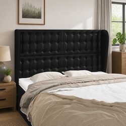 Headboard with Ears Black Faux Leather Bed Support Wooden Legs Adjustable Height