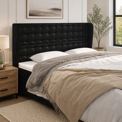 Headboard with Ears Black 203cm Faux Leather Bed Head Backrest Support Bedroom