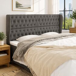 Headboard with Ears Grey Fabric Bed Head 203cm Adjustable Height Wooden Legs