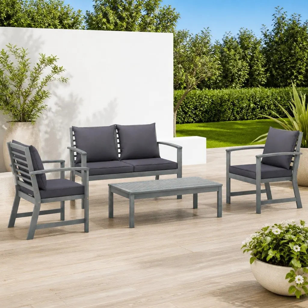 Garden Lounge Set 4 Piece Outdoor Furniture Cushions Solid Acacia Wood Grey