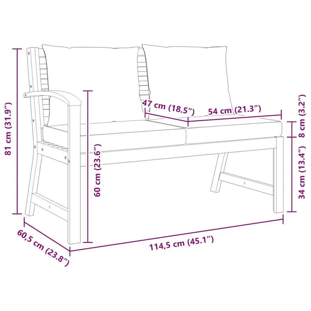 Garden Bench 114.5cm Outdoor Seating with Cream Cushion Solid Wood Patio