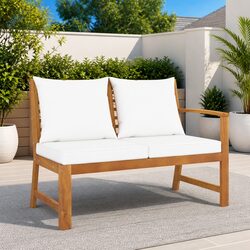 Garden Bench 114.5cm Outdoor Seating Acacia Wood with Cream Cushion Patio Lounge