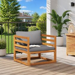 Outdoor Garden Chair with Grey Cushions Solid Acacia Wood Patio Seating