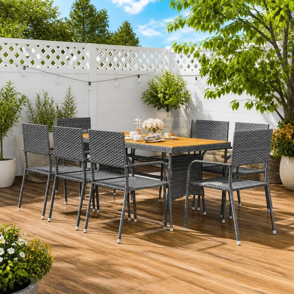 Outdoor Dining Set 9 Piece Grey Waterproof PE Rattan Steel Frame Acacia Wood Table Chairs