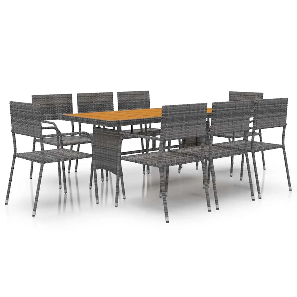 Outdoor Dining Set 9 Piece Grey Waterproof PE Rattan Steel Frame Acacia Wood Table Chairs