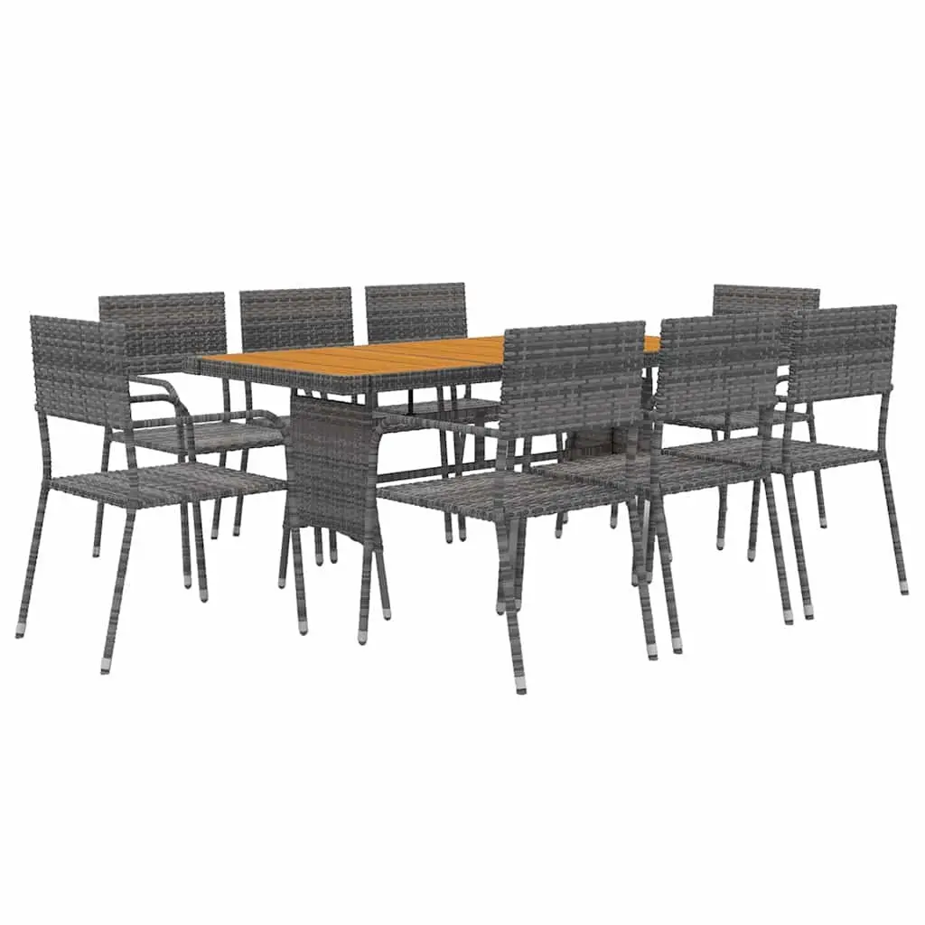 Outdoor Dining Set 9 Piece Grey Waterproof PE Rattan Steel Frame Acacia Wood Table Chairs