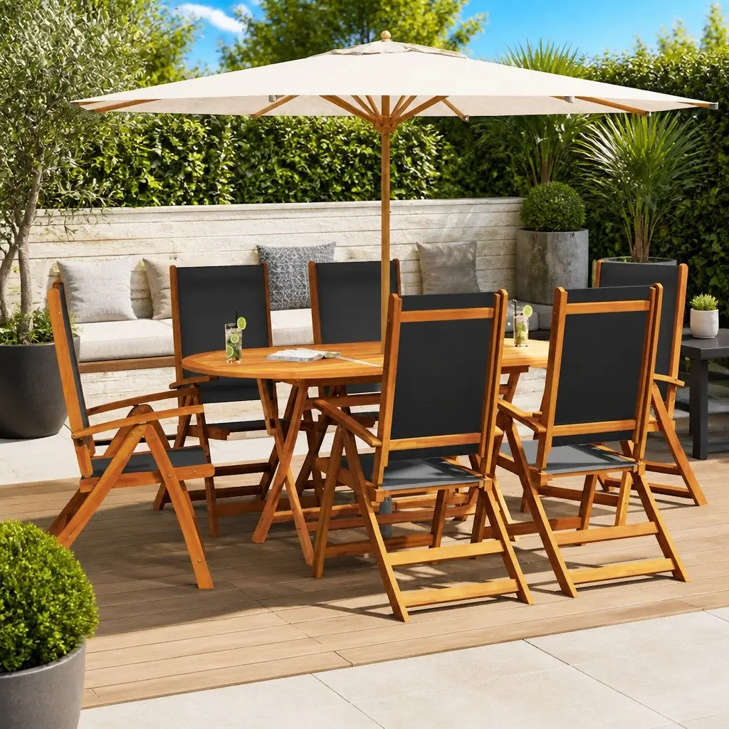 Folding Garden Chairs Set Adjustable Backrest 6 Piece Brown Wood