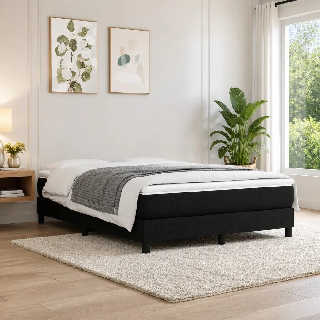 Box Spring Bed Frame Queen Size Black Fabric Plywood Construction