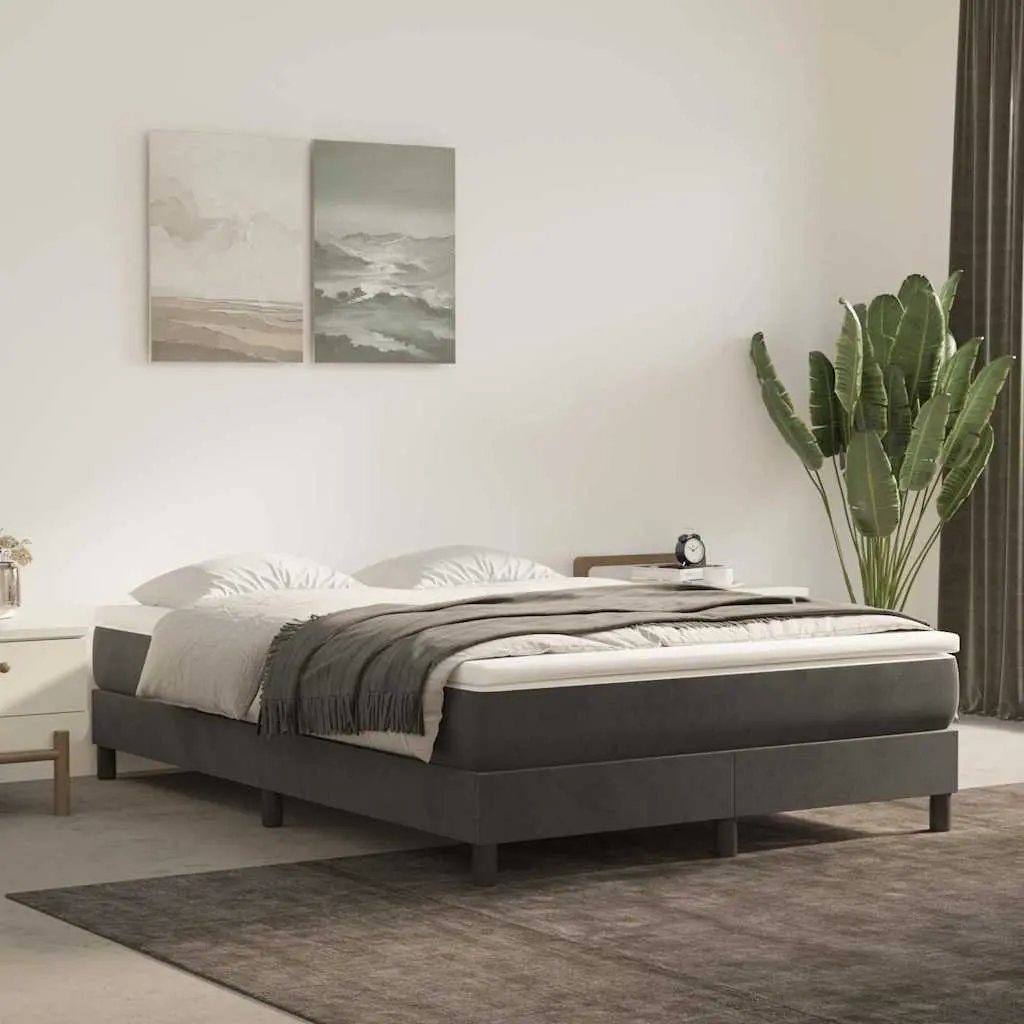 Box Spring Bed Frame Double Grey Velvet Upholstery Plywood Slats Sturdy Legs