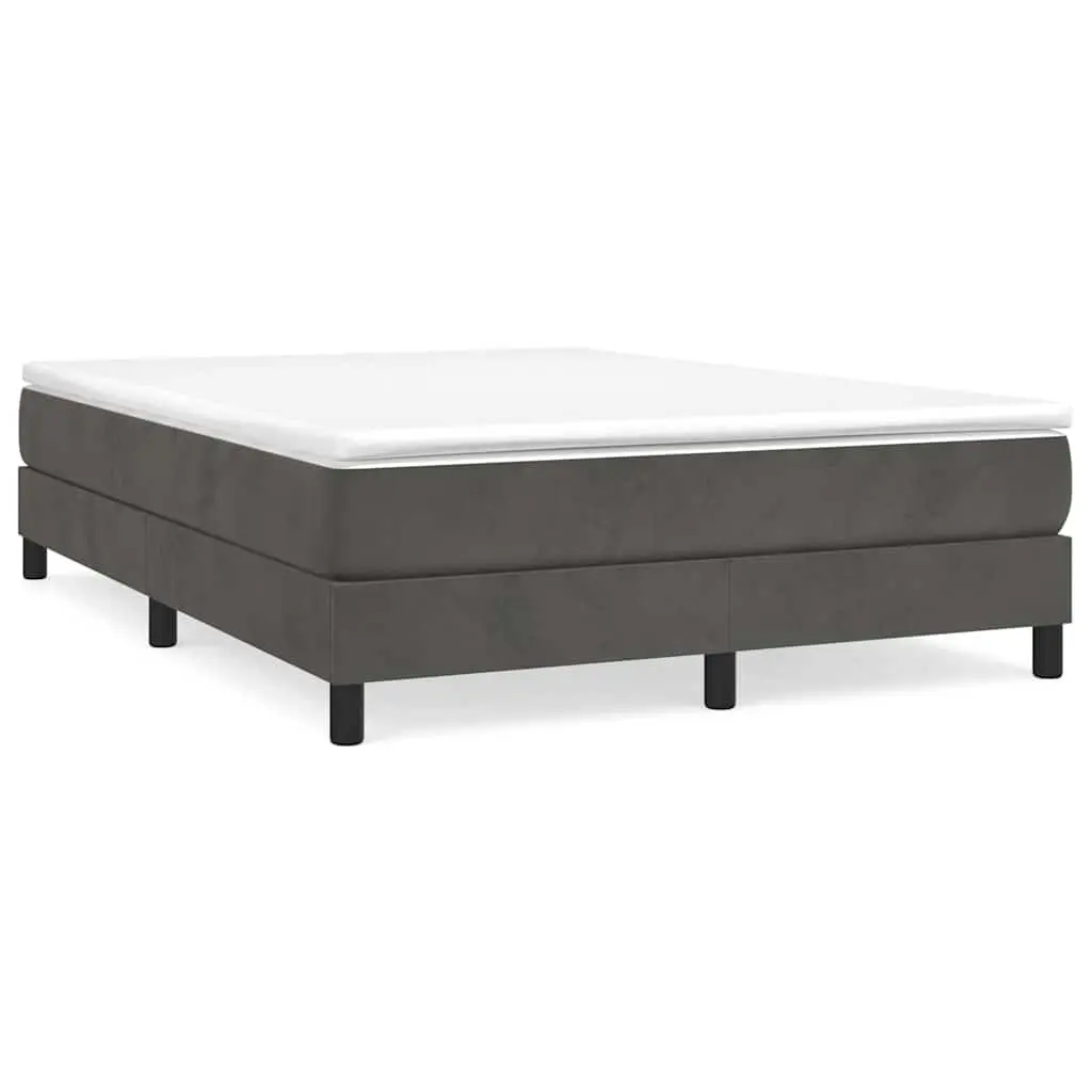 Box Spring Bed Frame Double Grey Velvet Upholstery Plywood Slats Sturdy Legs