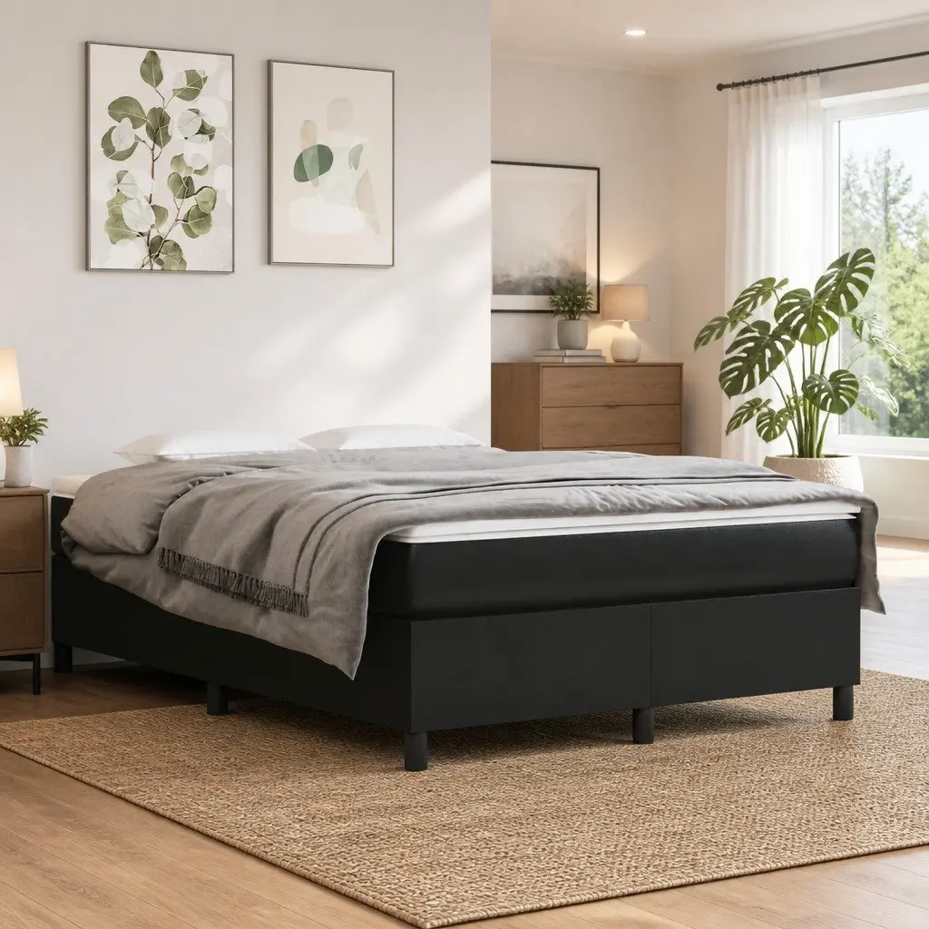 Box Spring Bed Frame Double Black Faux Leather Platform Bedroom Furniture