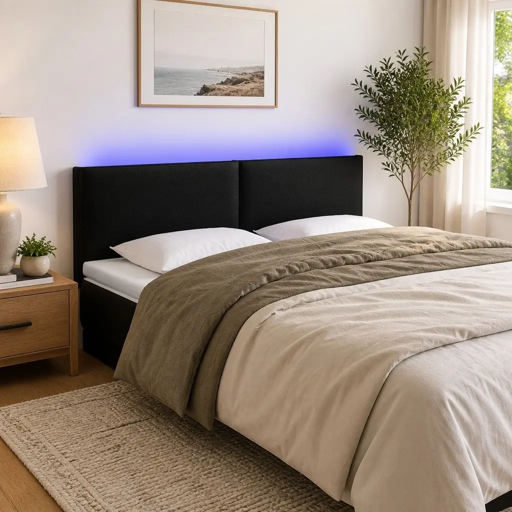 LED Headboard Adjustable Height 144 cm Black Faux Leather with USB Powered Lights