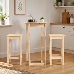 3 Piece Bar Set Solid Pine Wood Brown Kitchen Dining Furniture Pub Stools Table