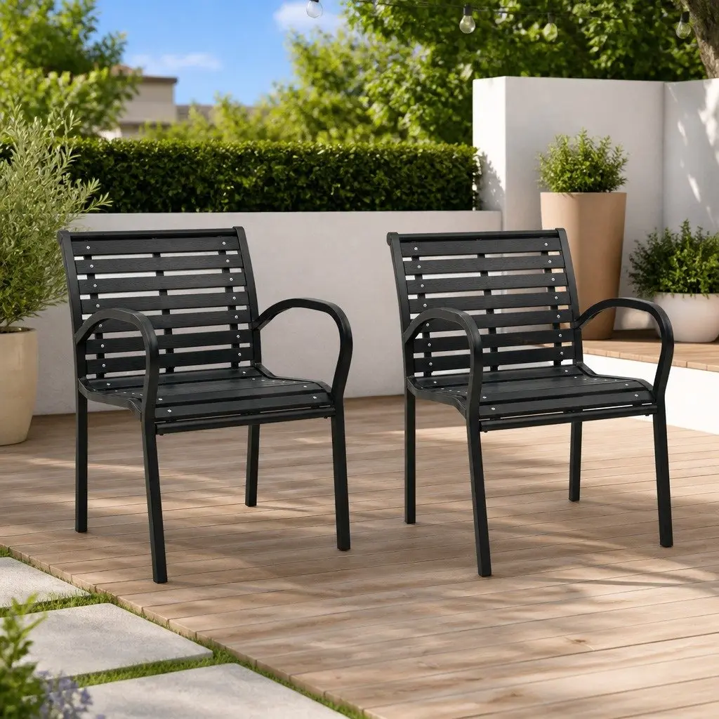 Outdoor Chairs 2 pcs Garden Seating Steel WPC Black Stackable Patio Furniture