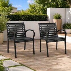 Outdoor Chairs 2 pcs Garden Seating Steel WPC Black Stackable Patio Furniture