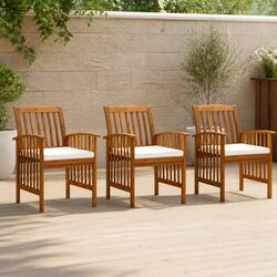 Outdoor Dining Chairs Set 3 pcs Garden Seating with Cushions Acacia Wood White