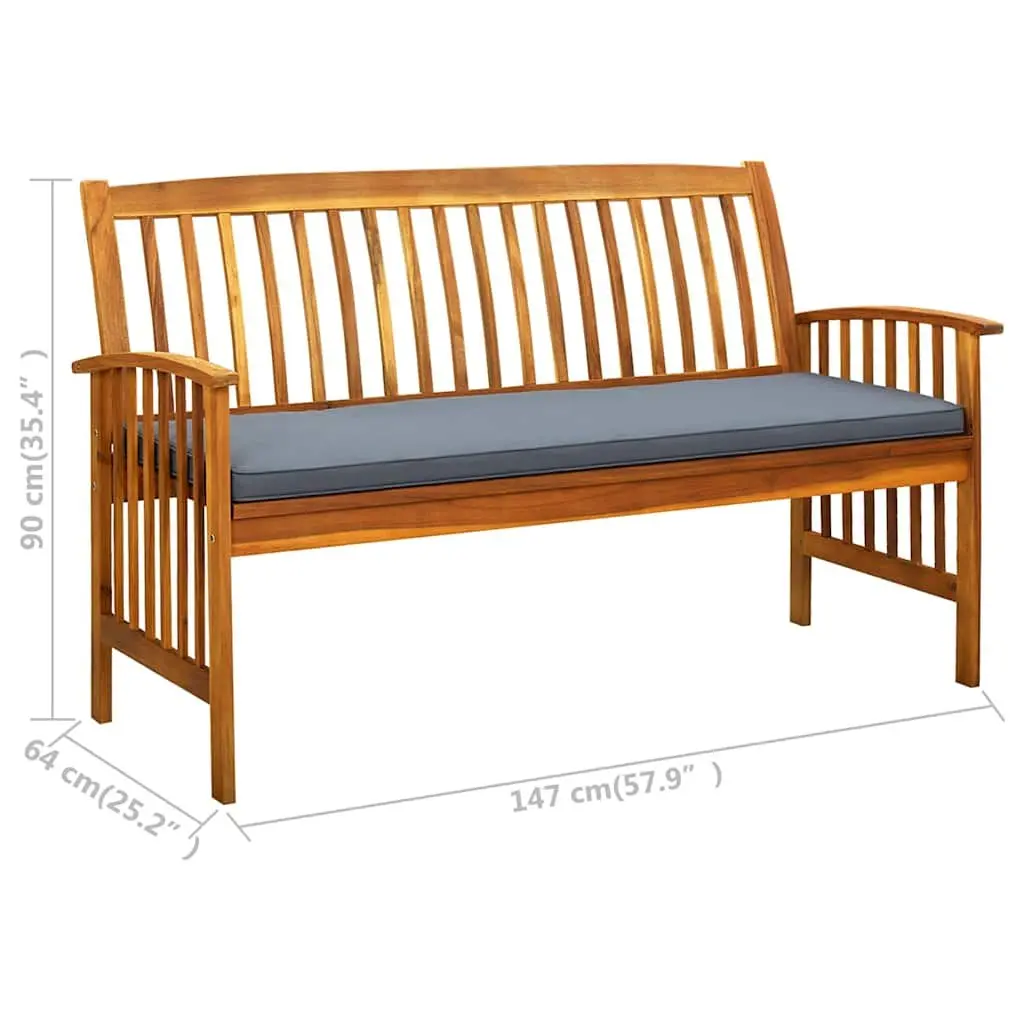 Garden Bench Solid Acacia Wood 147cm with Grey Cushion Armrest