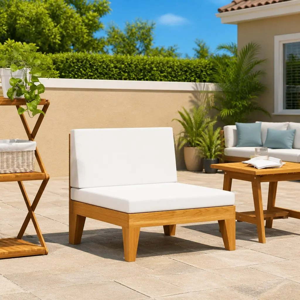 Outdoor Sectional Sofa Middle Seat Solid Acacia Wood White Cushions