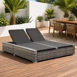 Double Sun Lounger Outdoor Bed Rattan Grey Adjustable Backrest Lounge Chair