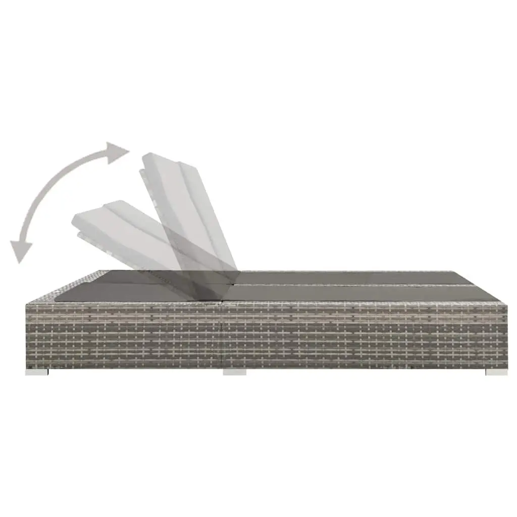 Double Sun Lounger Adjustable Backrest PE Rattan Grey Outdoor Bed