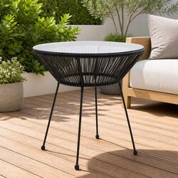 Garden Dining Table Round Black Rattan Glass Top Outdoor Patio Furniture