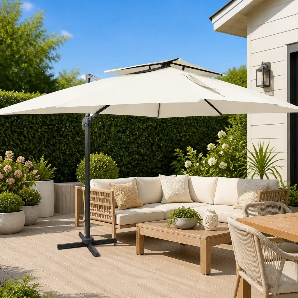 Cantilever Garden Parasol Double Top Tilt Rotate 400 x 300 cm Beige