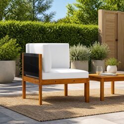 Garden Corner Sofa with Removable Cushions Acacia Wood Rope Backrest Outdoor