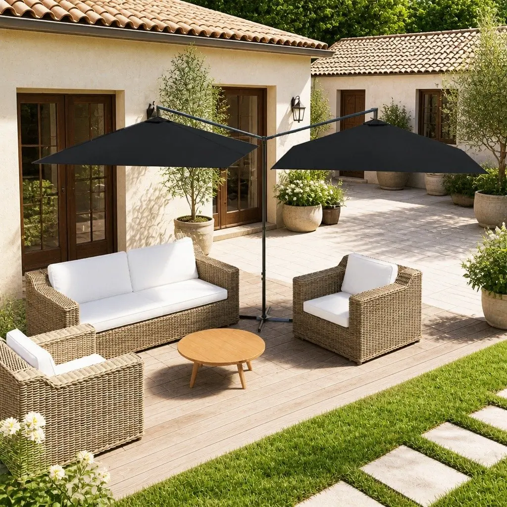 Double Garden Parasol Dual Canopy 600x300cm Black Steel Pole