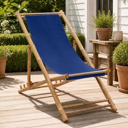 Deck Chair Bamboo Canvas Navy Blue Garden Beach Camping Outdoor Furniture Seat