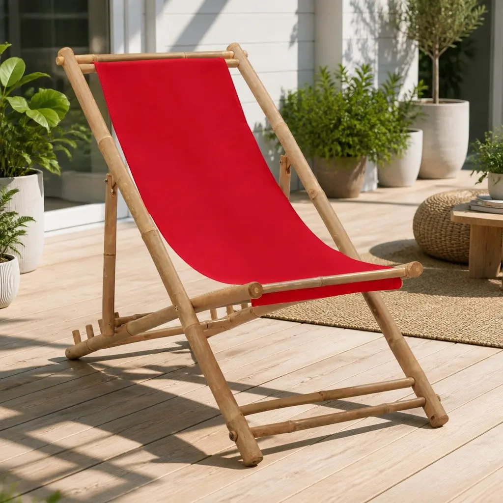 Deck Chair Bamboo Frame Canvas Seat Red Foldable 4-Position