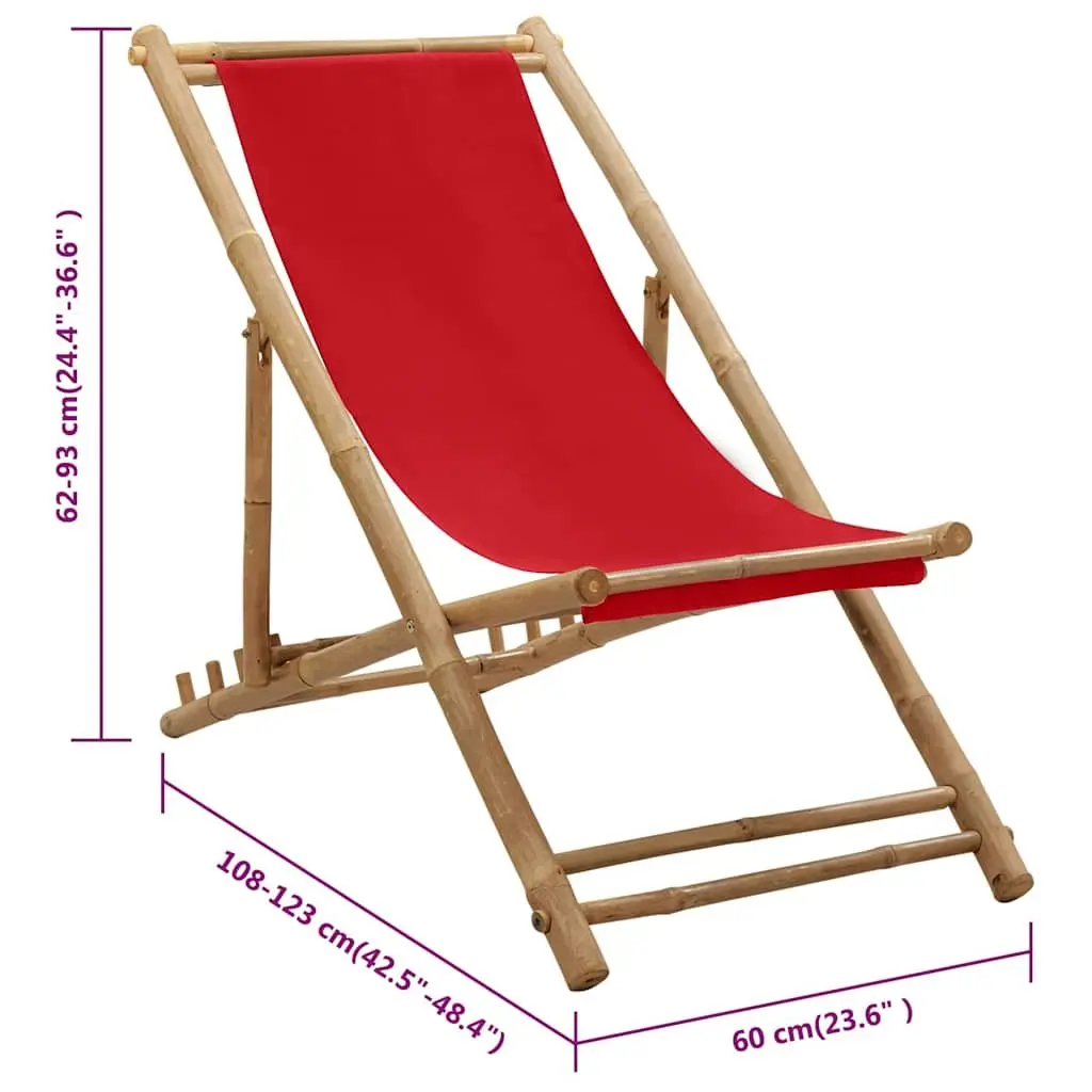 Deck Chair Bamboo Frame Canvas Seat Red Foldable 4-Position