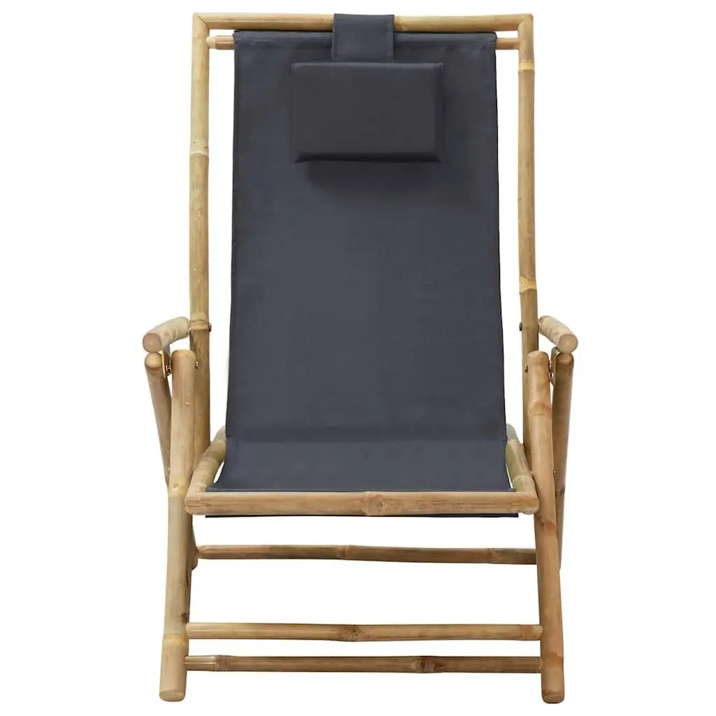 Folding Reclining Chair Adjustable Backrest Bamboo Frame Grey Fabric