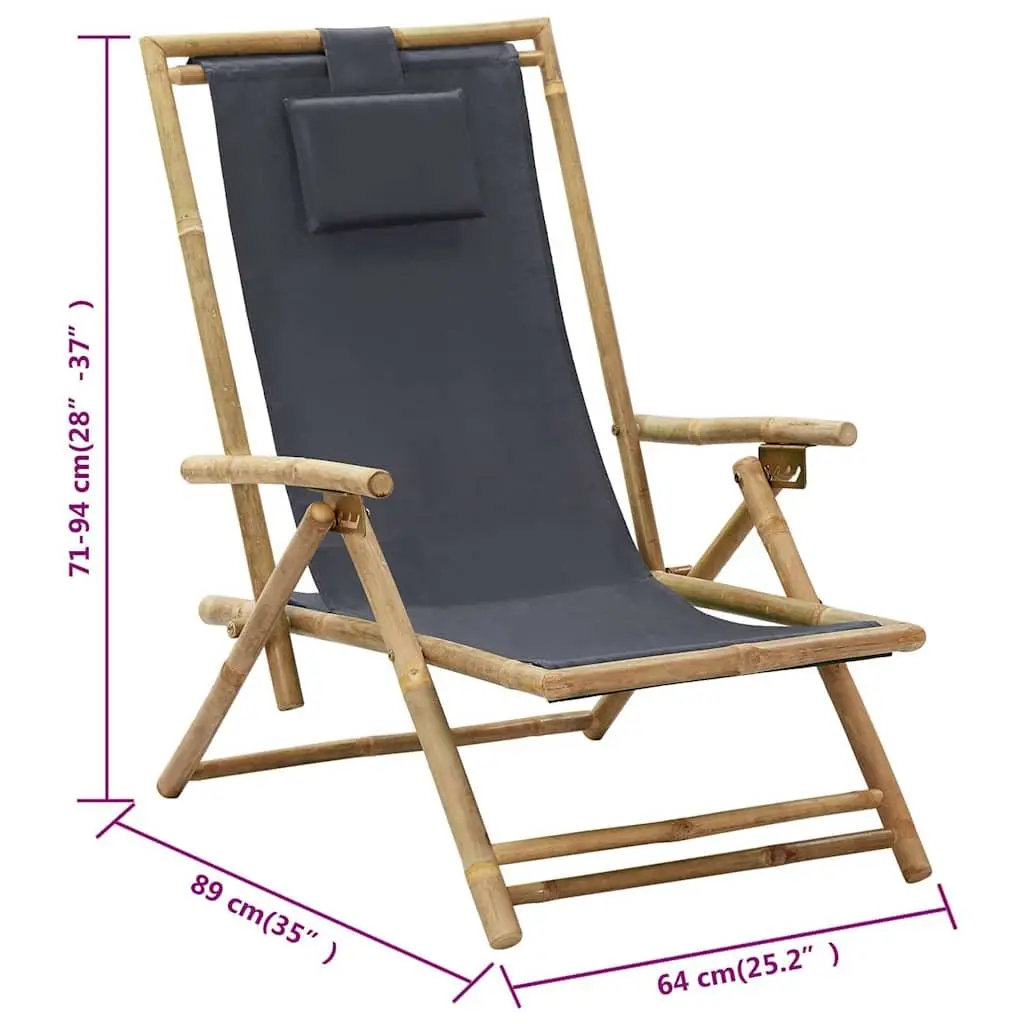 Folding Reclining Chair Adjustable Backrest Bamboo Frame Grey Fabric