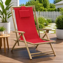 Reclining Outdoor Chair Red Folding Garden Seating Bamboo Fabric Relaxer