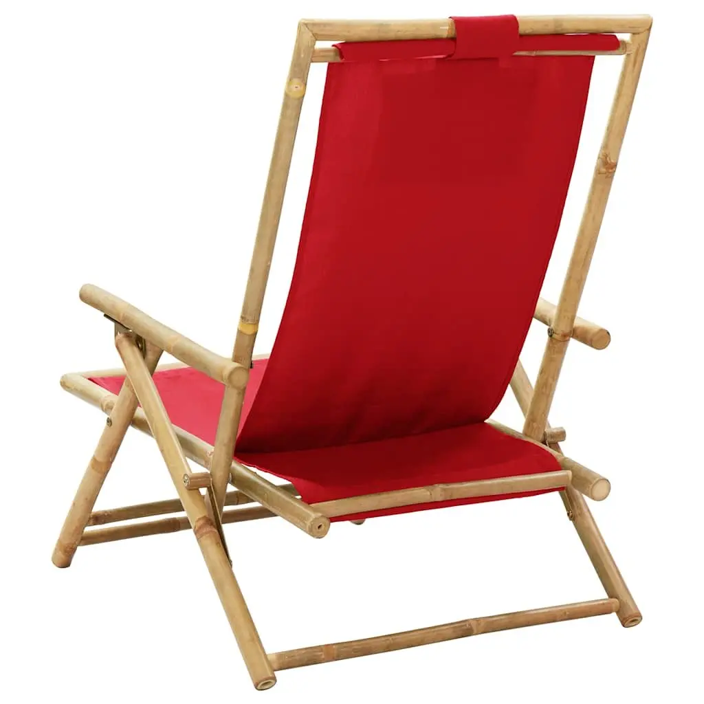 Reclining Chair Bamboo Frame 4 Position Adjustable Backrest Red Fabric Outdoor Folding Garden Seating