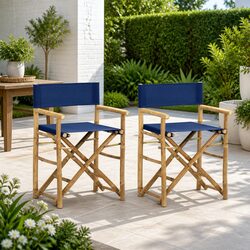 Folding Director's Chairs 2 pcs Blue Outdoor Garden Seating Bamboo Fabric Patio