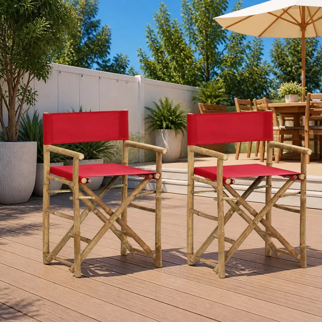 Folding Director's Chairs 2 pcs Red Bamboo Outdoor Garden Seating Patio