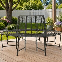 Outdoor Tree Bench Half Round 160cm Grey Steel Garden Circular Seating Enclosure