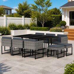 Garden Dining Set 11 Piece Outdoor Patio Furniture Poly Rattan Grey Cushions